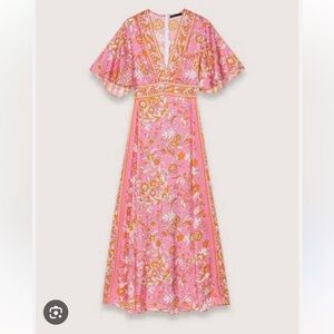 NWT MAJE Ritalen Butterfly-sleeve Midi Dress IMPRIME FLEURS ROSE ORANGE silky